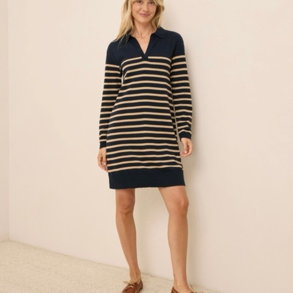 Pact Navy Blue Tan Striped Organic Cotton Polo V-Neck Sweater Dress Small